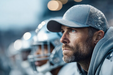 Obraz premium American football coach watches game from sideline showing focus leadership and determination during intense match on rainy stadium evening