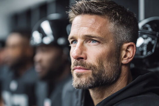 American football player reflects in locker room showing focus determination and leadership before important match symbolizing mental strength