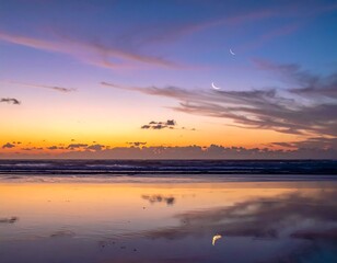 Beach sunset with colorful sky reflecting on wet sand, with crescent moons