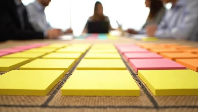 Close up of sticky notes on a table with blurred people in the background during a meeting setup
