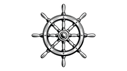 Obraz premium Vintage wooden ship s wheel illustration with detailed spokes and handles on a white background