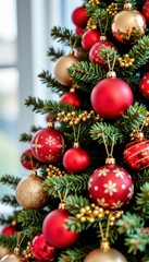 Fototapeta premium Vertical festival of christmas decorations indoor space photo gallery bright environment close-up viewpoint