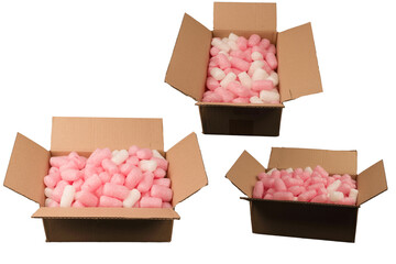 Cardboard box and white filling material in it isolated on a white background.