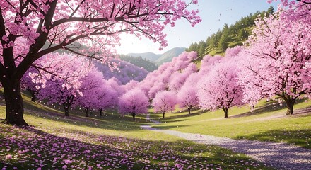 Vibrant Cherry Blossom Valley in Full Bloom with Lush Green Hills.