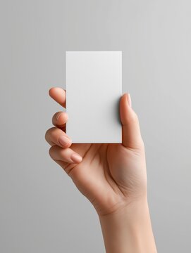 Hand holding blank business card against a soft gray background, showcasing minimalist design and ample copy space for branding or personal information presentation