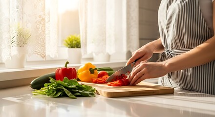 Woman chopping fresh vegetables on a cutting board in a bright kitchen.
