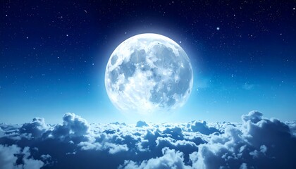 A glowing, full celestial orb dominates a star-studded indigo sky, floating above fluffy, white cumulus clouds. A serene night scene