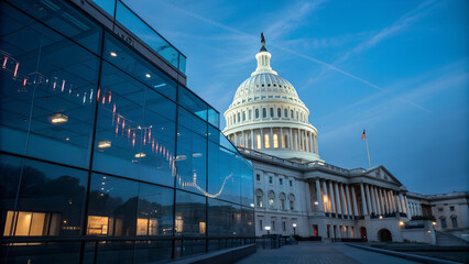 Evening view of United States Capitol building with illuminated dome reflecting in modern glass facade symbolizing politics democracy government power and national authority
