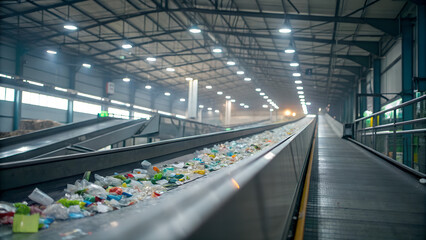 Fototapeta premium Conveyor belt at modern recycling factory sorting colorful plastic waste materials representing sustainability circular economy and environmental responsibility concept