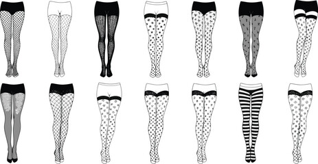 Women’s patterned tights collection, stylish fashion stockings set, lace fishnet hosiery, polka dot star stripe floral designs, elegant legwear showcase