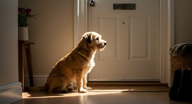 A sunlit dog sits patiently by a closed door inside a home, light streaming in
