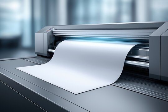 High-tech printing machine with a large sheet of white paper emerging, showcasing advanced technology in a modern printing environment with sleek design and efficiency