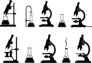 Microscope, laboratory flask, science equipment, black and white illustration, scientific research, chemistry tools, experiment setup, medical lab, vintage style, biology concept
