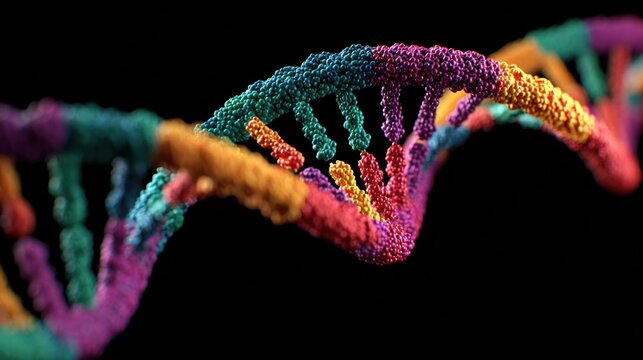 A vibrant, close-up rendering of a DNA double helix against a stark black background, showcasing rich colors and intricate detail