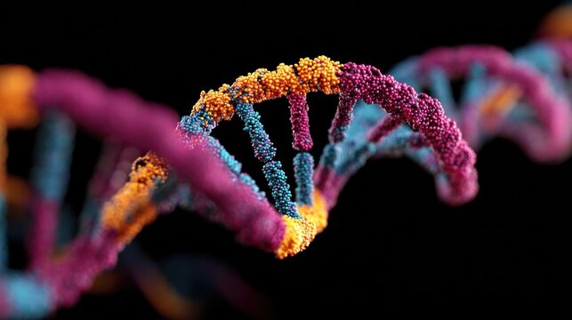 3D rendering of a double helix structure of a biological molecule, showcasing a vibrant arrangement of colors against a black backdrop - Powered by Adobe