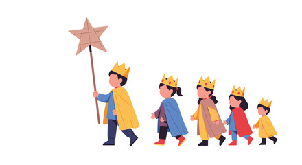Fototapeta premium Children in Crowns and Capes March Holding a Star Wand