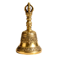 Ornate brass temple bell on a clear white background with copy space, highlighting ritual detail. Ideal for Diwali 2025 devotion posts, posters, invitations, worship guides, headers, and ads.