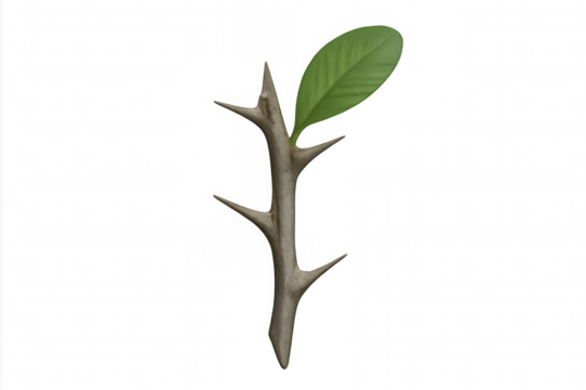 Green leaf growing on thorny stem, symbolizing new life, hope, and resilience, transparent background