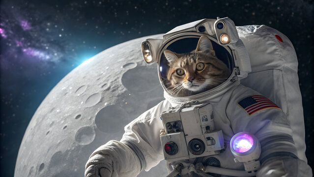 Cute cat wearing astronaut suit floating near the moon in deep space symbolizing imagination, humor, exploration and fantasy in surreal cosmic illustration