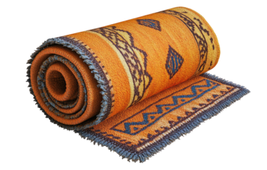 Rolled, patterned rug, warm orange with blue accents and fringe