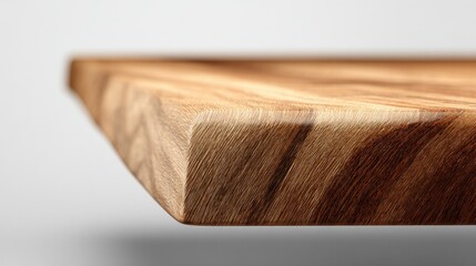 Close-up shot of a wooden surface, with a rounded edge. Grain and texture prominent. The wood appears varnished and polished, with natural color