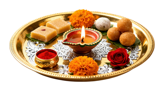 Golden puja thali with diya, mithai, flowers and kumkum on a white background provides ample copy space. Perfect for Diwali menus, posters, invitations, recipe cards, headers, and ads.