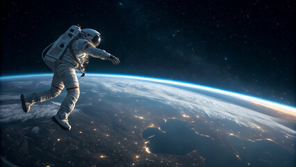 Astronaut floating above Earth in open space illuminated by sunrise concept of exploration freedom and human curiosity perfect for sci-fi and educational visuals