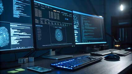 Cybersecurity workstation with multiple computer screens displaying code data and digital fingerprint analysis concept of hacking programming and data protection