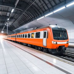 Fototapeta premium A bright orange train sits on the tracks inside a modern, spacious subway station with a curved ceiling