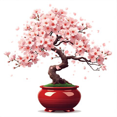 Delicate pink cherry blossoms bloom on a gracefully sculpted bonsai tree in a vibrant red pot.
