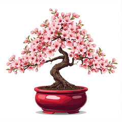 Delicate pink blossoms adorn a meticulously shaped bonsai tree in a vibrant red pot, symbolizing spring's gentle arrival.