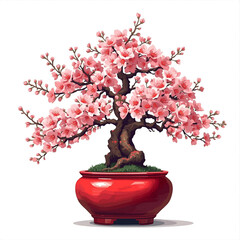 Delicate pink cherry blossoms bloom on a meticulously shaped bonsai tree in a vibrant red pot.
