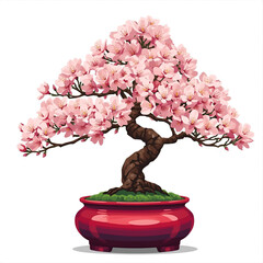 Delicate pink cherry blossoms adorn a beautifully shaped bonsai tree in a vibrant red pot, evoking spring.