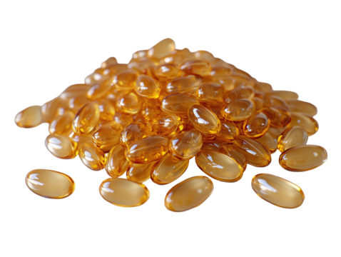Golden pile of translucent, amber-colored softgel capsules on a black backdrop