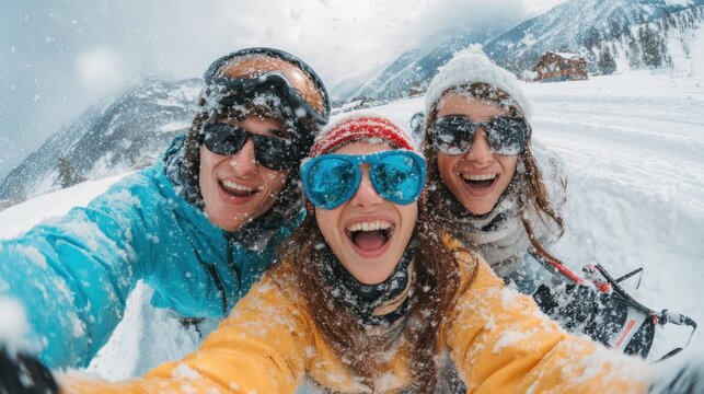 crazy happy friends having fun with sledding on snow high mountains young millennial people making luge competition at white week vacation winter sport and travel concept focus on guys faces no lo - Powered by Adobe