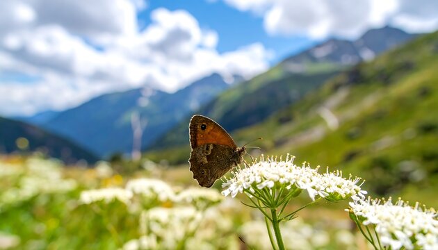 Butterfly rests on flower, mountain peaks and cloudy sky are visible