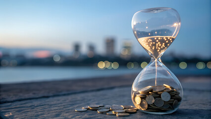 Glass hourglass filled with golden coins standing outdoors at sunset near city skyline symbolizing time value investment and financial growth concepts
