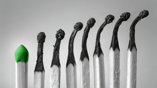Conceptual photo of burnt matches with one green unlit stick standing out representing burnout recovery individuality and mental health awareness