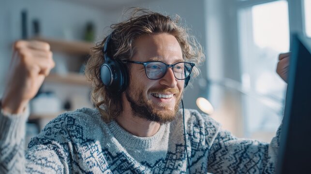 technology gaming entertainment lets play and people concept man in eyeglasses with headset playing and winning computer game at home and streaming playthrough or walkthrough video over snow no logo