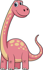 Cartoon pink dinosaur, friendly sauropod character, smiling prehistoric creature, educational kids graphic, yellow spots, long neck, playful animal illustration © Hadiul