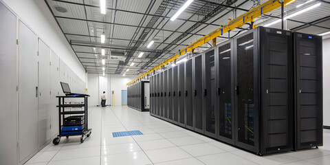 Modern data center interior with server racks network cables and laptop on trolley in bright clean technology room perfect for IT infrastructure visuals