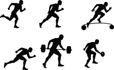 Silhouette of athletes running, lifting weights, and training, fitness workout concept, strength, speed, endurance, professional sports performance, physical activity