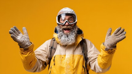 happy frozen man in warm clothes has fun during winter points away on empty space wears gloves isolated on yellow background cheerful male adventurer with frosted beard and ski goggles has expedition