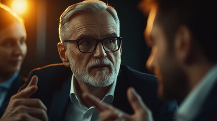 Mid-range shot of business leaders discussing the impact of AI on marketing strategies, close-up shot, in a conference room, using composition techniques, with warm light