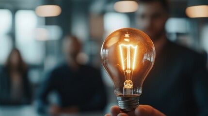 Mid-range shot of innovative professionals presenting a new idea in a corporate setting, close-up shot, using sharp focus, with cool office lighting
