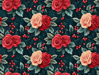 Festive Winter Holiday Seamless Pattern with Elegant Red Roses Gold Christmas Ornaments Stars and Pine Tree