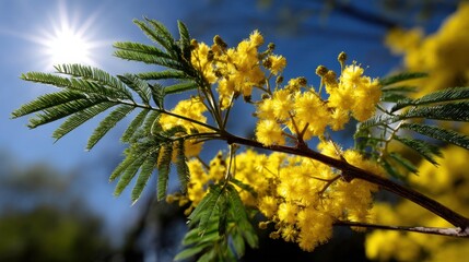 Mimosas in full bloom, photographed under a clear sky with vibrant sunlight