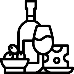 Vector Outline Icon of a Wine Bottle and Glass with Olives and Cheese on a Transparent Background Celebrating Food and Drink Pairings