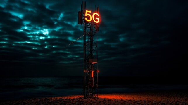 Dramatic 5G tower glows against a stormy night beach skyline, promising high-speed connectivity and modern technology advancements for business and life - Powered by Adobe
