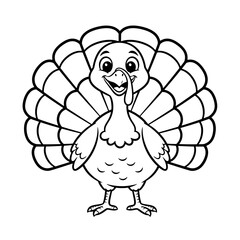 Friendly Cartoon Turkey Coloring Page – Black Line Art on White